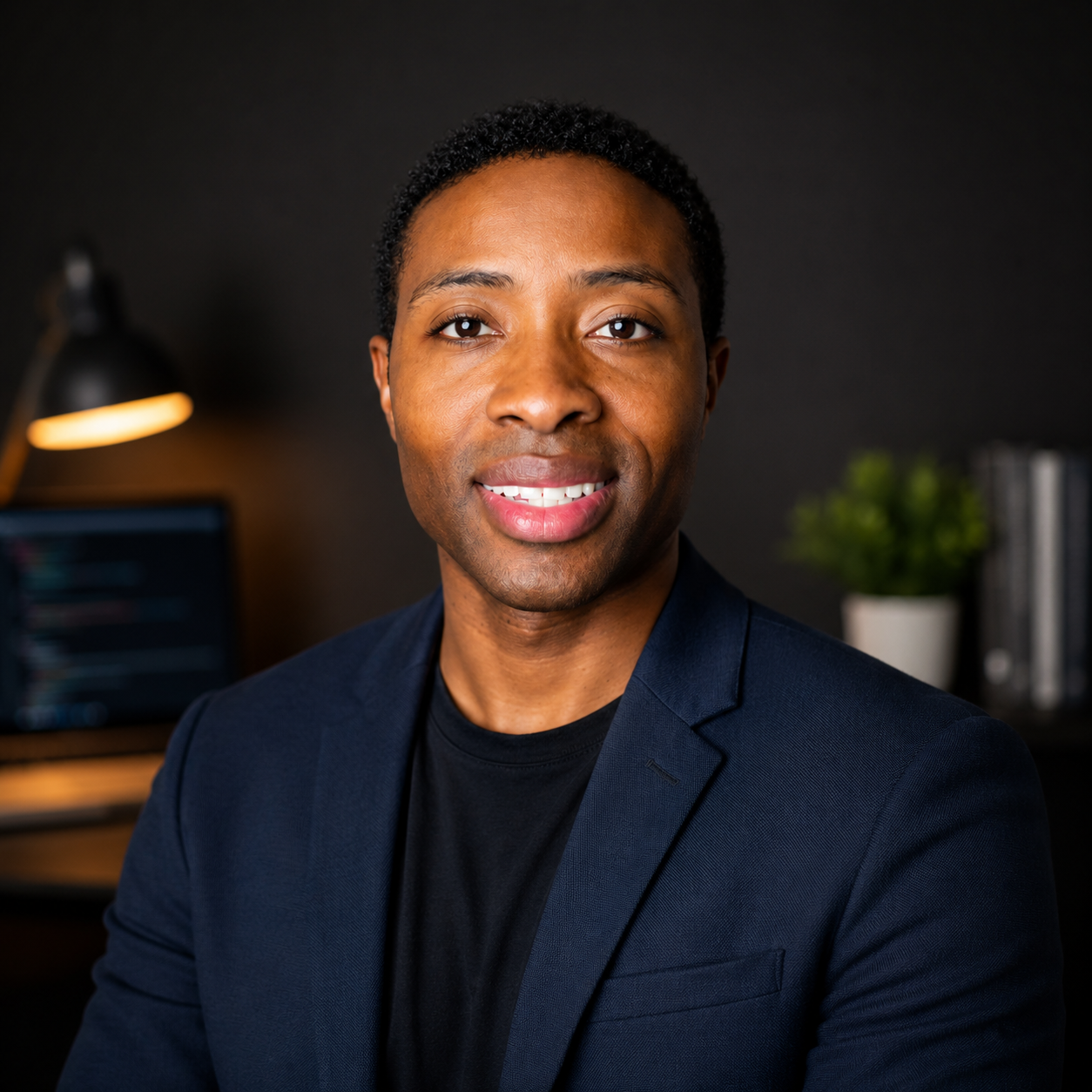 Samuel Anderson, senior full-stack engineer, photographed at his desk